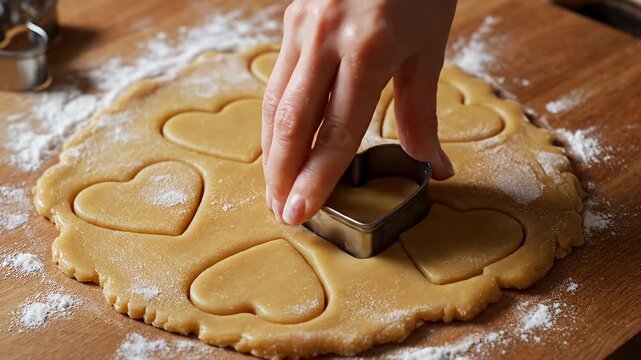 Woman using heart shaped cookie cutter on dough for baking cookies