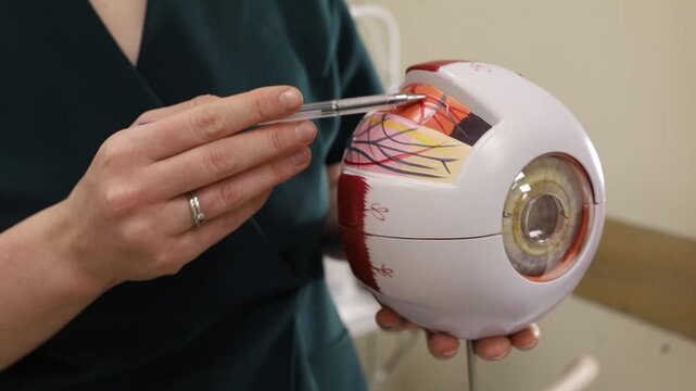 Doctor ophthalmologist showing anatomical structure of eye on mockup closeup 4k movie slow motion. Video