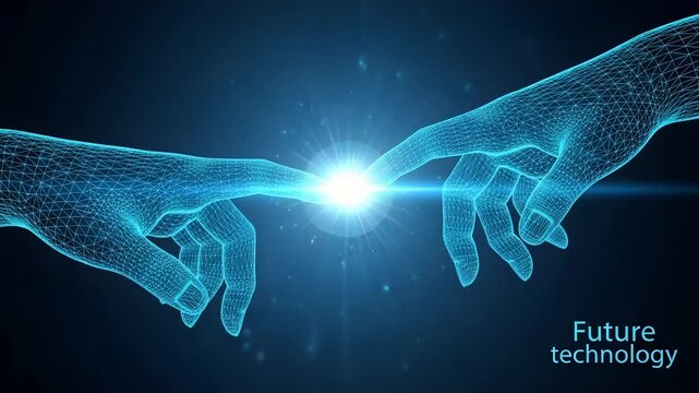 Future technology digital wireframe hands touching