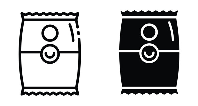 Snack bag icon set featuring outline and solid styles for food packaging plastic pouch chips wrapper and salty treats design elements