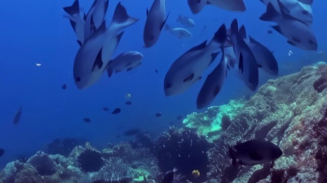 A large school of silver fish swims actively amongst a stunning coral reef. Diverse marine life flourishes in the sunlit blue ocean water, creating a breathtaking aquatic spectacle.