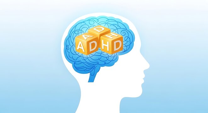 Illustrative silhouette of a human head showcasing a brain with colorful block puzzle pieces labeled ADHD.