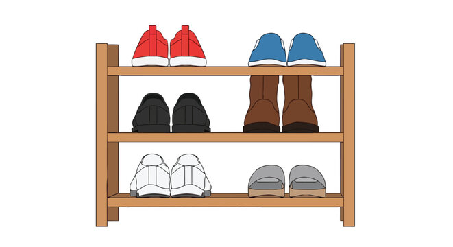 Three Tier Wooden Shoe Rack Illustration with Various Footwear Including Sneakers Boots and Slippers