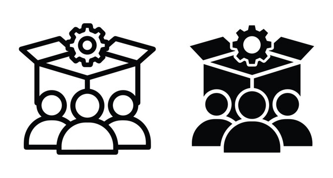 Team collaboration icon showing people with gear and open box for logistics management product development and technical support service concept