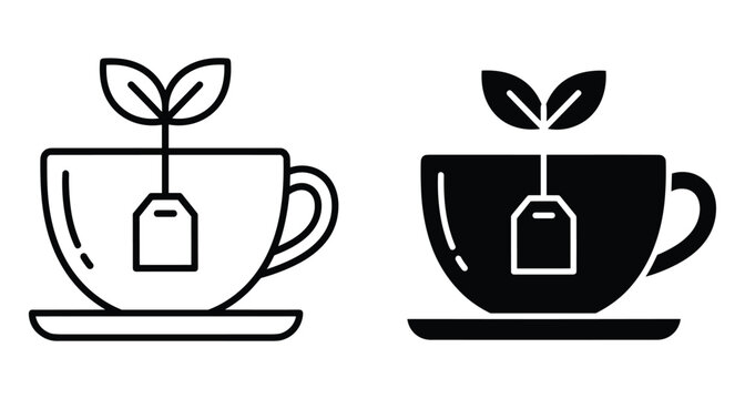 Tea cup icon set with herbal tea bag and green leaves for organic beverage branding healthy lifestyle and wellness design