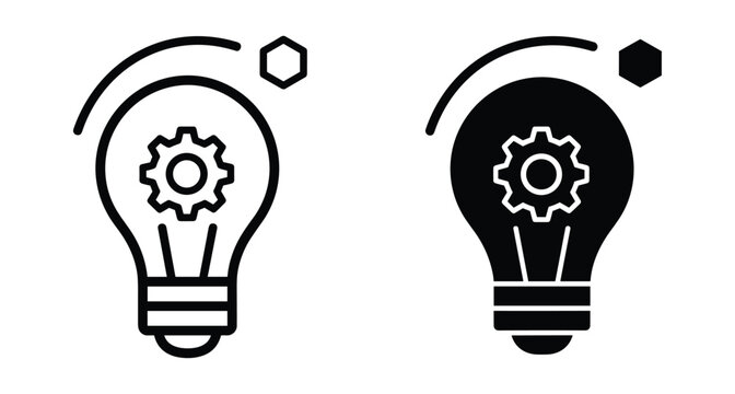 Lightbulb icon with gear inside representing innovation engineering creative process technical solution development smart thinking industrial design mechanical idea concept