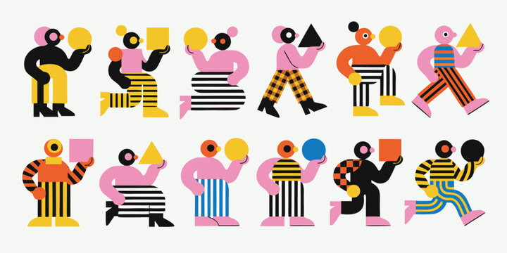 Abstract characters in striped pants holding colorful geometric shapes