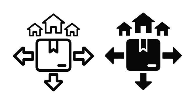 Home delivery icon set showing cardboard box with distribution arrows and house symbols for logistics shipping moving real estate services