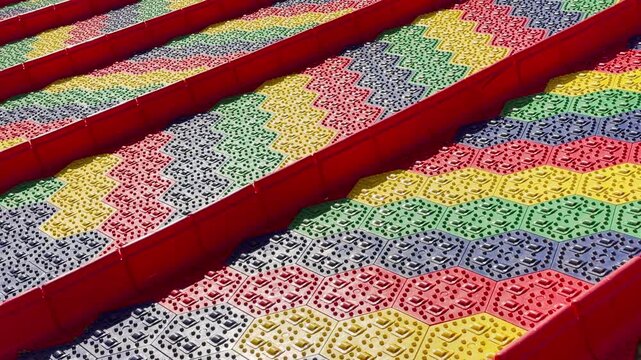 Bright plastic tiles line the empty slides of a playground. The smooth surfaces vibrate slightly to create a faint rattling sound in the wind. A distant, steady zoo hum echoes in the background.