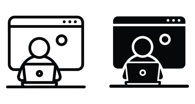 Person working on laptop computer in front of web browser window icon set with outline and solid glyph style versions