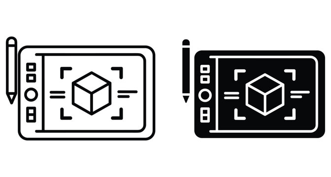 Graphics tablet icon set showing digital drawing pad with stylus pen and 3d cube model for creative design software interface