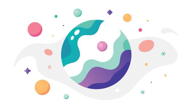 Cosmic planet with swirling abstract waves and colorful planets in outer space
