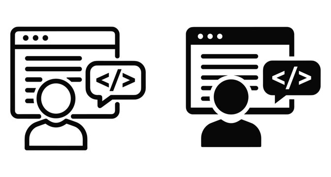 Web developer programmer icon set showing person silhouette with browser window and coding script speech bubble in outline and solid styles