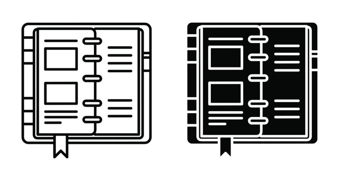 Open notebook planner organizer icon set with ring binder pages bookmark and text placeholders for business schedule planning and management