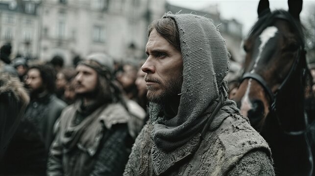 Medieval man in hooded cloak gazing intently with horse. Group of bearded warriors in ragged attire gathered in ancient village. Historical reenactment scene of medieval brotherhood and adventure.