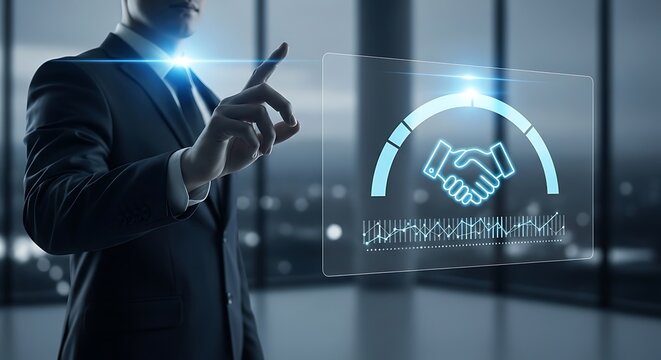 Business professional using holographic handshake interface with digital data visualization