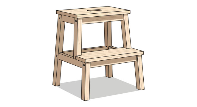 Natural Wood Two Step Stool Illustration for Home and Kitchen Use Isolated on White Background