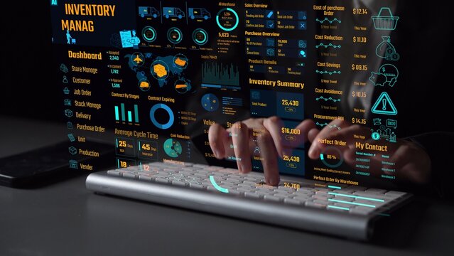 Inventory management dashboard showing supply chain performance, stock levels, order cycle times, cost reduction, and procurement ROI. Inventory tracking, and streamline warehouse efficiency. Thunk