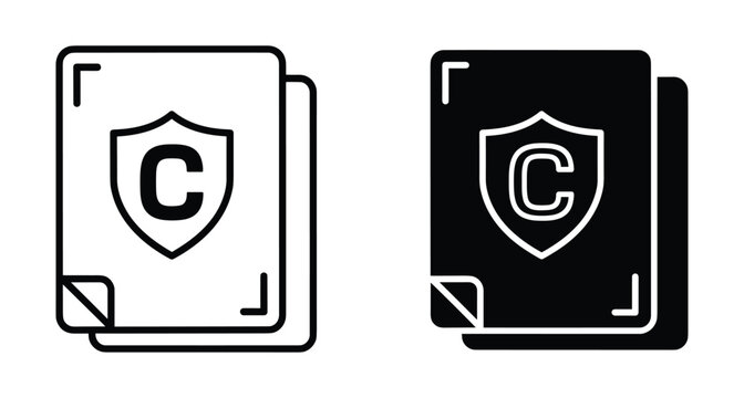 Copyright protection document icon set featuring shield and letter C representing intellectual property rights legal security digital ownership and authorship