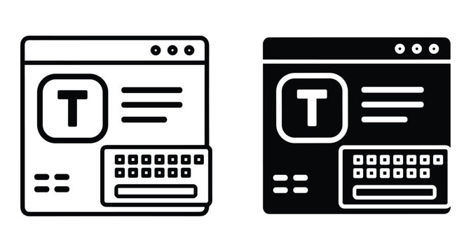 Web browser text editor interface icons with keyboard symbol and typography letter T for online content creation and digital writing