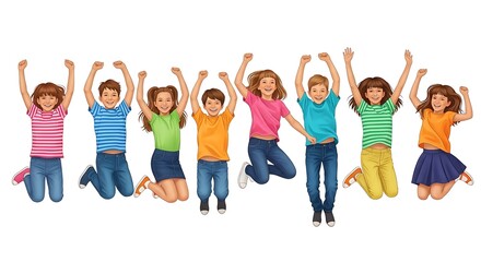 Fototapeta premium A group of children mid jump against a plain white background, arms raised in celebration, wearing bright striped and solid colored shirts and jeans.
