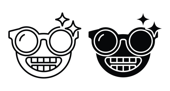 Smiling face emoji wearing round glasses with sparkles and wide toothy grin in outline and solid black icon style