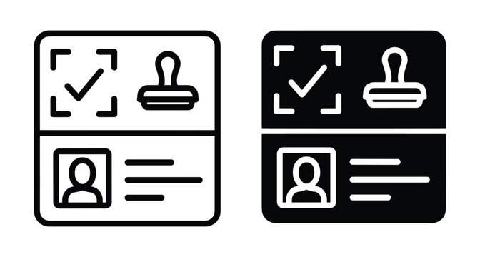 Passport identification document icon set with approved checkmark and rubber stamp for travel visa verification and border control security clearance