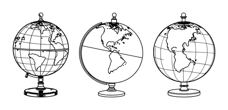 Vintage globe set with black line art and white background design featuring vintage globe, brass meridian, minimalist illustration with line art and outline