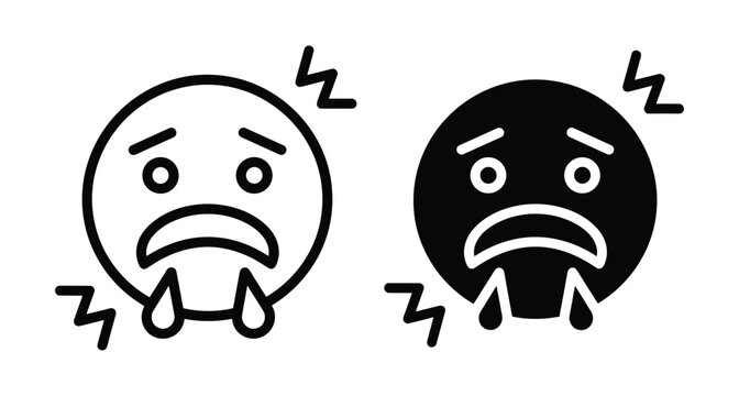 Sad crying emoji face icons with tears and shaking lines representing anxiety stress depression grief sorrow pain and mental health issues