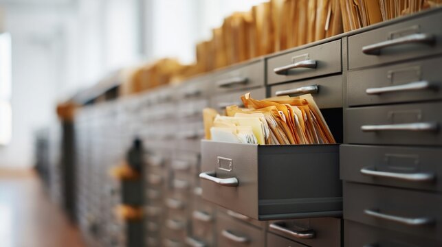 Open file drawer in office archive with manila folders and paperwork.