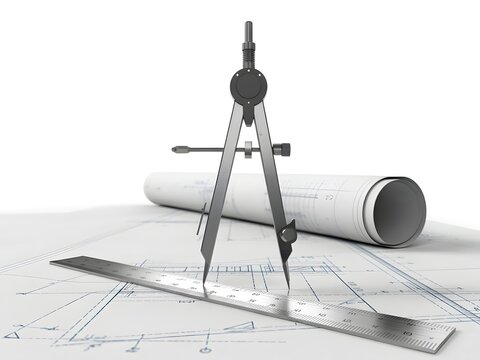 Engineering drafting tools including compass protractor ruler and blueprint plans on work surface