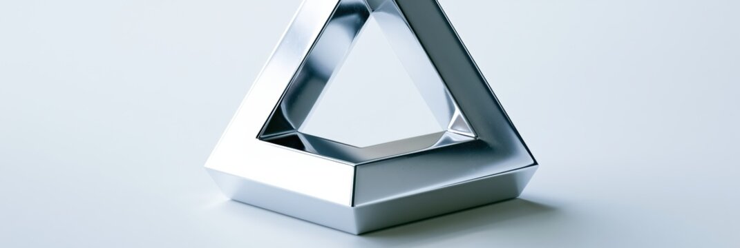 A 3D penrose triangle stands out in polished chrome against a white background, showcasing impossible geometry and shadow play with strong lighting.