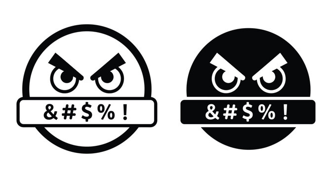 Angry swearing emoji face with censored mouth symbols representing frustration rage hate speech profanity and aggressive emotion in black and white