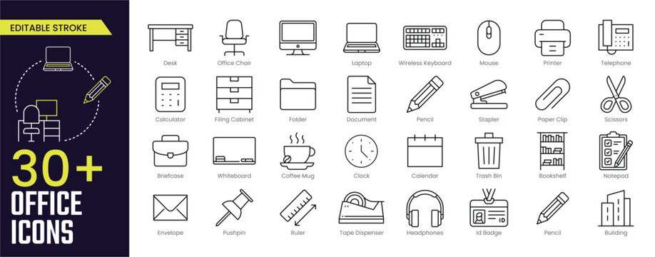 Office Stroke icon collections. Containing workspace, chair, desktop, coffee mug, keyboard, mouse, document, printer, telephone, filing, and cabinet icons. Editable Stroke icon collection Outline icon