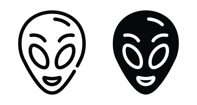 Alien head icon set featuring extraterrestrial martian face in outline and solid black glyph style for space science fiction design