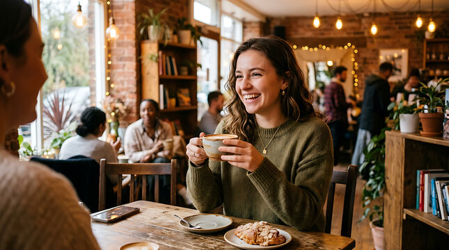 Woman laughing and enjoying wine with friends at a cozy restaurant table