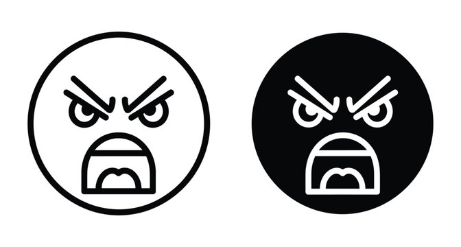 Angry face emoji icons set with furious expression shouting mouth and furrowed eyebrows in outline and solid black circle styles