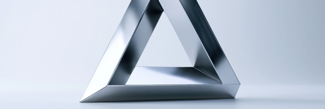 This scene presents a penrose triangle made of chrome, featuring impossible geometry and unique shadow logic set on a white background.