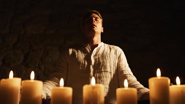 Young Man Meditating in White Shirt Surrounded by Lit White Candles in a Dark Room with Stone Wall Background