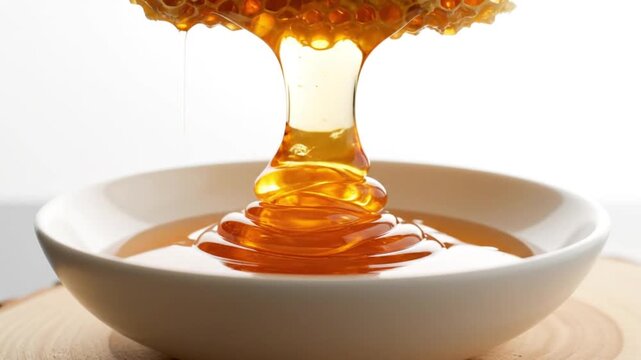 Close-Up of Golden Honey Dripping from Raw Honeycomb Into White Bowl