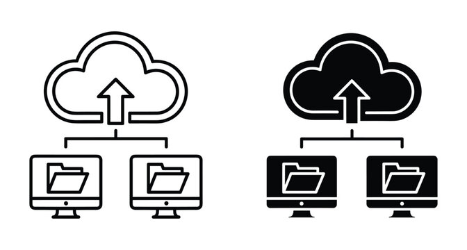 Cloud computing upload icon set showing data synchronization from computer monitors with folders to online network storage server for backup