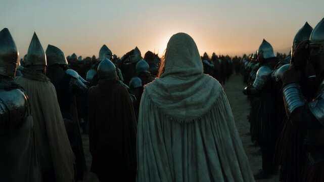 Woman in hooded cloak leading armored knights at sunset. Medieval warrior procession across open field. Historical battle group marching towards horizon in ancient era.