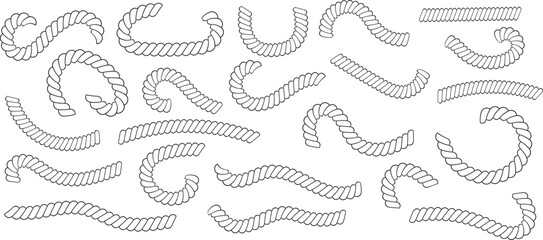 Outline twisted rope curve element set vector design. Braided cord collection in wavy scattered layout illustration. Nautical textured knot graphic for marine and craft use.  © IT park