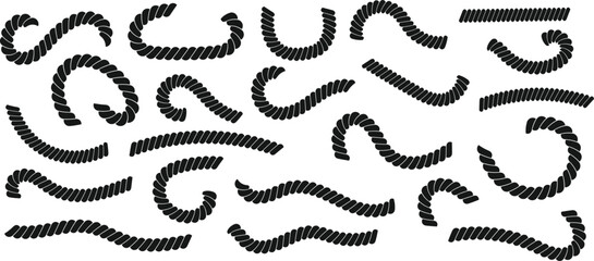 Black twisted rope curve element set vector design. Braided cord collection in wavy scattered layout illustration. Nautical textured knot graphic for marine and craft use.  © IT park