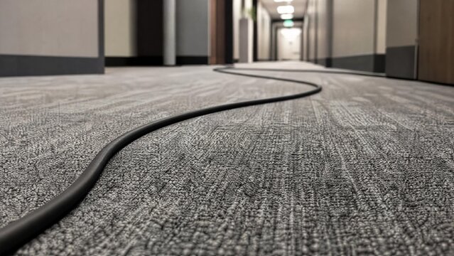 Black Power Cable Across Office Carpet Hallway Floor Trip Hazard Concept