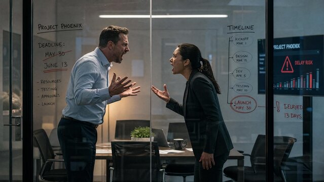 Workplace Conflict: Angry Business Professionals Arguing and Shouting Over Project Deadlines in Office