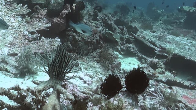 Bright fish gracefully navigate a stunning coral reef at daytime. Exotic sea urchins and feather stars adorn the rocky seabed, creating a lively underwater spectacle of nature's artistry.
