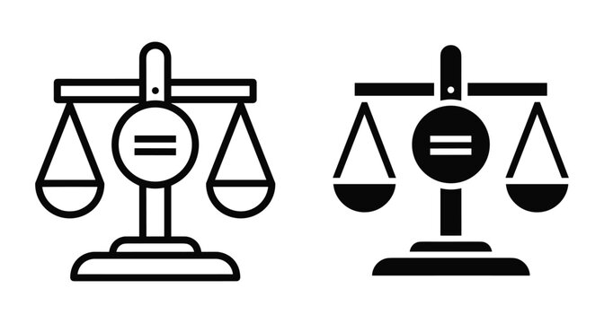 Justice scales icon set representing equality law legal system balance fairness rights and social ethics in outline and solid style