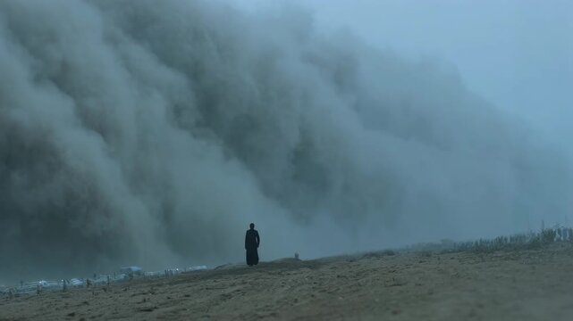 Man in robe confronts charging bull amid swirling dust storm in ancient desert landscape. Historical silhouette scene of human-animal encounter in arid wilderness evoking timeless survival struggle.