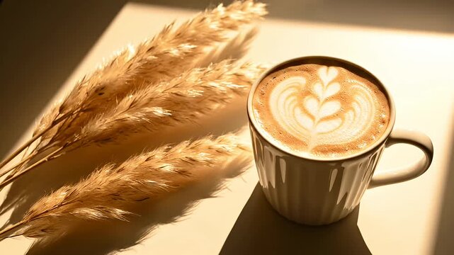Close up of a coffee mug with latte art near dried ornamental grass